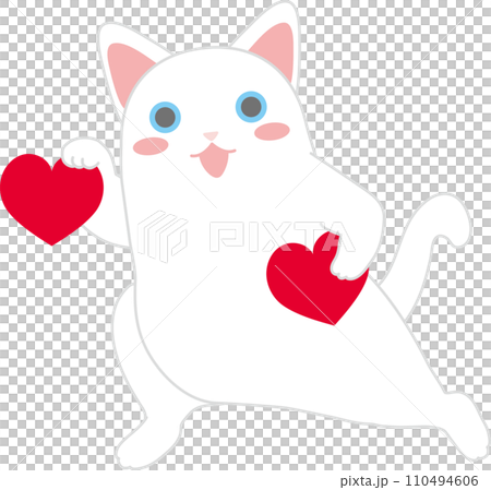 Dancing Cat_Valentine_White cat with a hanging heart in its right hand and holding a heart in its left hand 110494606