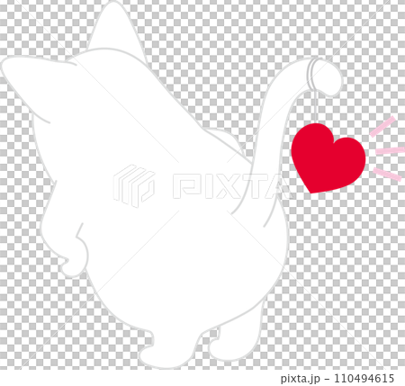 Dancing cat_Valentine_White cat from behind with a heart hanging on its tail 110494615