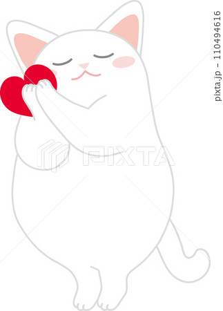 踊るニャンコ_バレンタイン_ハートに頬ずりをする白猫 110494616