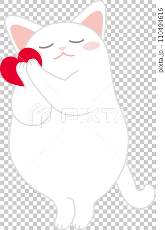 踊るニャンコ_バレンタイン_ハートに頬ずりをする白猫 110494616