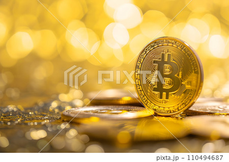 AI-generated content. Crypto currency concept - bitcoin close up shot with bokeh background 110494687
