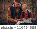 Man and boy tourists autumn time leisure, vacation hiking or traveling touristic activity. 110494688