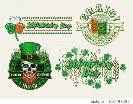 St Patricks Day colorful Labels with holiday objects, text on white background. Skull, beer, bead string, shamrock leaves For clothing, apparel, T-shirts, holiday stuff, goods decoration Vintage style St Patricks Day colorful Labels with holiday objects, text on white background. Skull, beer, bead string, shamrock leaves For clothing, apparel, T-shirts, holiday stuff, goods decoration Vintage style 110495196