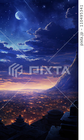 アニメ風　古代の都市と夜空　AI画像 110495341