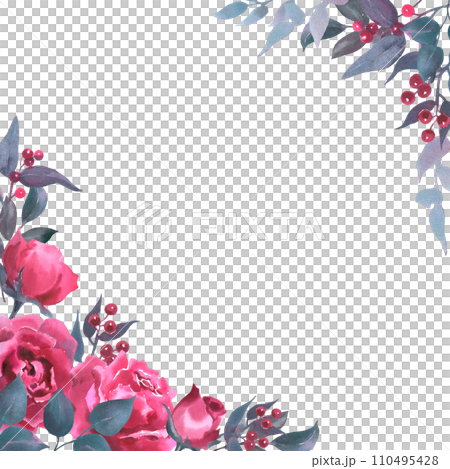 Frame with watercolor viva mangenta roses, buds, leaves, eucalyptus,and red berries. Hand drawn pink vial clipart element isolated on white background. For Valentine's Day, Mother's Day cards, gift. 110495428