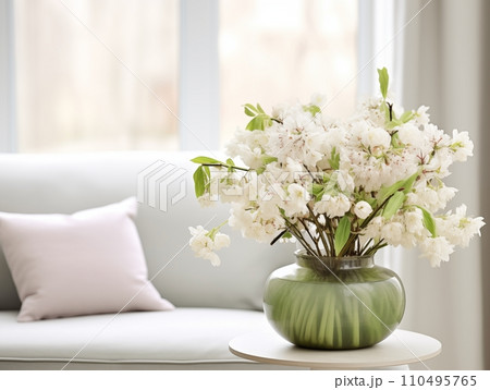 AI-generated content. Springtime home decor in white color, spring interior decorations with early flowers, cozy sofa and big windows. Decorated room in bright morning sunlight AI-generated content. Springtime home decor in white color, spring interior decorations with early flowers, cozy sofa and big windows. Decorated room in bright morning sunlight 110495765