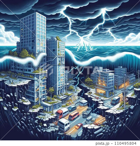 震災、災害、津波、地割れのイラスト 110495804