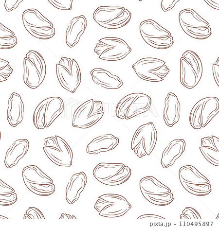 Seamless pattern pistachios in line art style. Hand drawn nuts design for menu, package, food store. Vector illustration on a white background. Seamless pattern pistachios in line art style. Hand drawn nuts design for menu, package, food store. Vector illustration on a white background. 110495897
