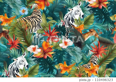 AI-generated content. Tropical exotic pattern with animal and flowers in bright colors and lush vegetation. Ai Generative. AI-generated content. Tropical exotic pattern with animal and flowers in bright colors and lush vegetation. Ai Generative. 110496323