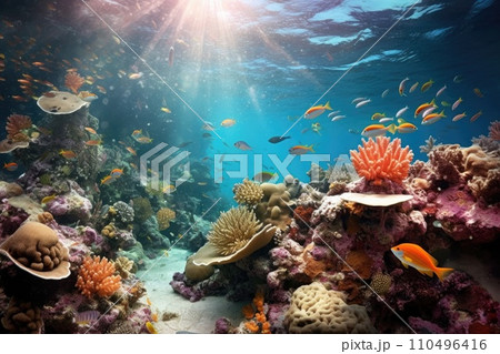 AI-generated content. Tropical sea underwater fishes on coral reef. Aquarium oceanarium wildlife colorful marine panorama landscape nature snorkel diving. AI Generative. 110496416