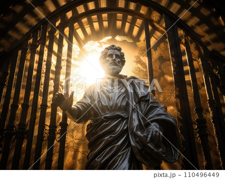 AI-generated content. Statue of Apostle Peter meeting the dead righteous at the gates of heaven. AI 110496449