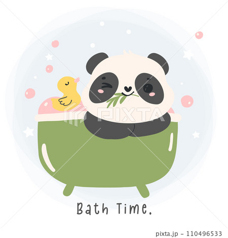 Adorable Cartoon Panda in bathtub with duck. Nursery kid illustration hand drawing. 110496533