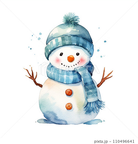 キュートな雪だるまの水彩イラスト 白背景 AI画像のイラスト素材