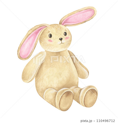 Bunny baby toy Watercolor illustration. Hand drawn graphic clip art on white isolated background. Drawing of cute rabbit. Sketch of cartoon hare. Plush animal for a child 110496712