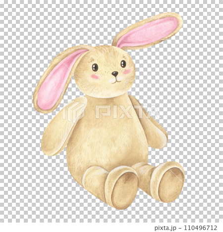 Bunny baby toy Watercolor illustration. Hand drawn graphic clip art on white isolated background. Drawing of cute rabbit. Sketch of cartoon hare. Plush animal for a child 110496712