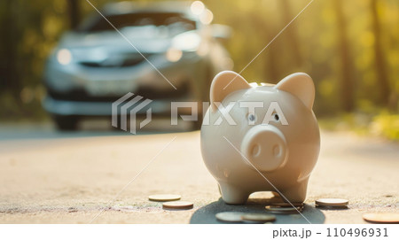 Piggy bank money box on a car background, 110496931