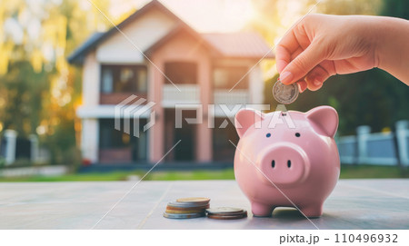 Piggy bank on house background. 110496932