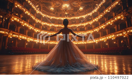 single balet dancer dance on empty stage of big opera theatre 110497022