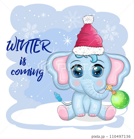Cute cartoon elephant, childish character with beautiful eyes wearing santa hat, scarf, holding gift, christmas ball 110497136