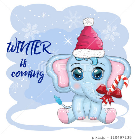 Cute cartoon elephant, childish character with beautiful eyes wearing santa hat, scarf, holding gift, christmas ball 110497139