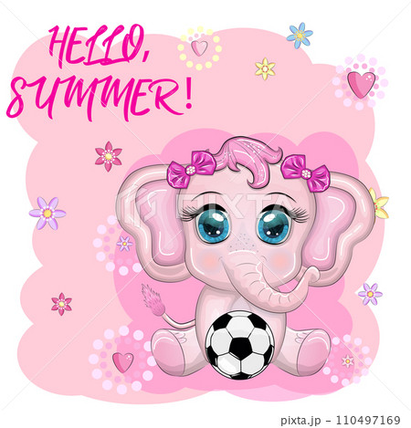 Cute cartoon elephant, children's character with beautiful eyes with a soccer ball, games for children and adults 110497169