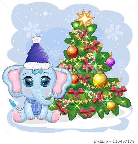 Cute cartoon elephant, childish character in santa hat with gift, christmas ball or candy cane near christmas tree 110497178
