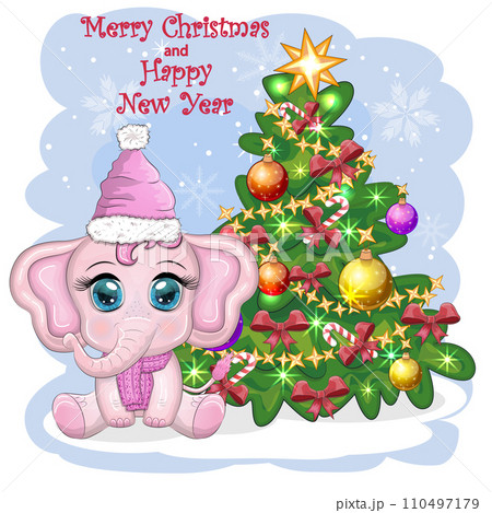 Cute cartoon elephant, childish character in santa hat with gift, christmas ball or candy cane near christmas tree 110497179