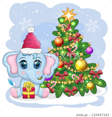 Cute cartoon elephant, childish character in santa hat with gift, christmas ball or candy cane near christmas tree 110497183