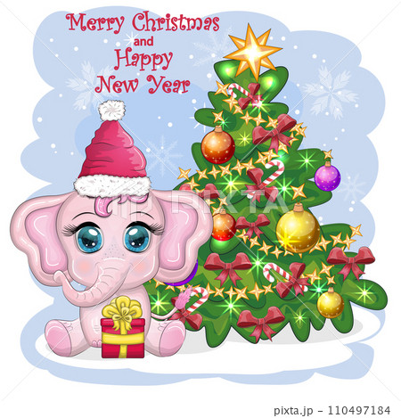 Cute cartoon elephant, childish character in santa hat with gift, christmas ball or candy cane near christmas tree 110497184