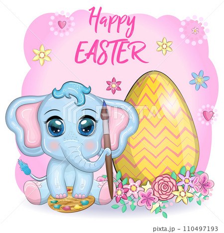 Cute cartoon elephant, childish character with beautiful eyes holding easter egg 110497193