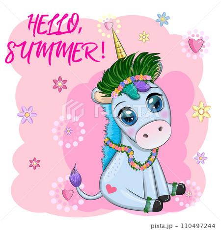 Cute cartoon unicorn dressed as a hula dancer, Hawaii, ready to go character. Summer, sea, palm trees, beach. Cute cartoon unicorn dressed as a hula dancer, Hawaii, ready to go character. Summer, sea, palm trees, beach. 110497244