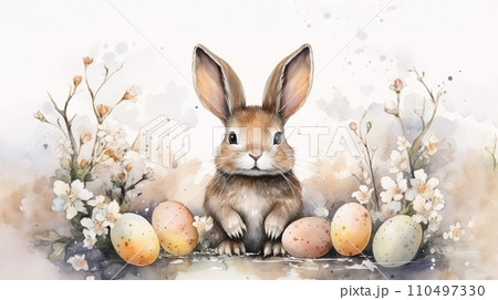 Beautifull watercolor illustration, charming rabbit among speckled Easter eggs and delicate spring flowers in soft neutral tones with splashes. Easter Bunny Imagery, Easter celebrations, greeting card 110497330