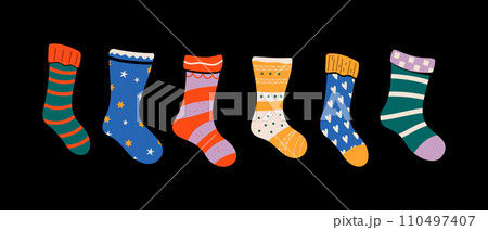 Set of colorful socks with delightful patterns and textures. Vector illustrations. 110497407