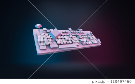 3D rendering, Close up white empty keyboard mock up with neon light reflection, side view shot, black color background. 110497466