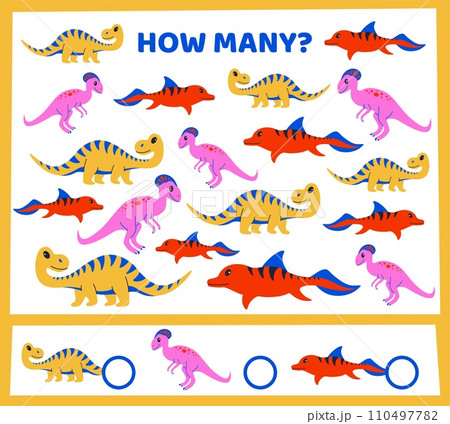 Cartoon dino. Dinosaurs counting. Preschool kids worksheet. Workbook test. Children math logic game. Prehistoric animals. Identical reptiles finding. Jurassic lizards. Vector educational puzzle design 110497782