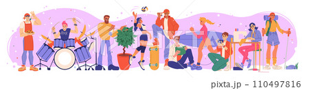 Hobby craft. Creative woman and man. Active leisure. People group. Music or sport. Photographer and tailor. Hiking or surfing. Artist painting picture. Happy musician. Persons entertainment vector set 110497816