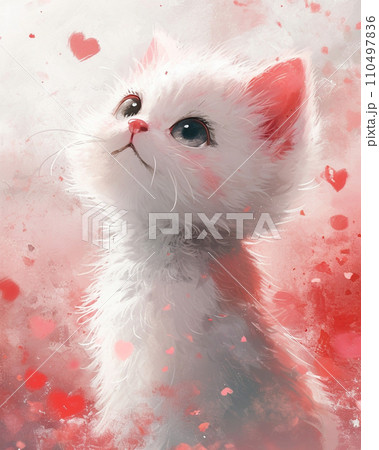 【AI生成画像・AIイラスト】真っ白でふわふわな猫のイラスト、ハート模様 110497836