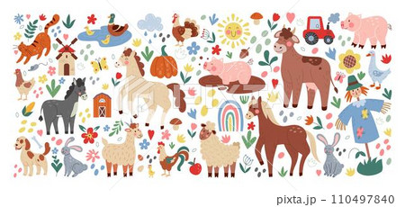 Animal farm cute. Cartoon cow, sheep and goat, horse and pig. Domestic birds, chicken and hen. Leaves flowers, childish birthday decor, spring garden, countryside agriculture. Vector eco illustration 110497840