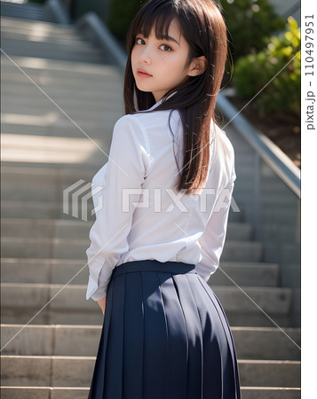 イラスト素材：制服姿の女子高生(階段・振り向き) 110497951
