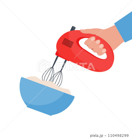 Electric food mixer in hand. Mixer, bowl, dough. Preparing ingredients for healthy cooking. Vector illustration. 110498299
