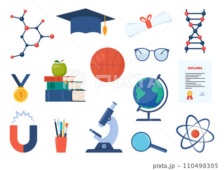 School, science, education, graduation icons. Microscope, atom, books, graduation cap, globe, magnet, glasses, golden cup, DNA, medal, diploma. Vector illustration. 110498305