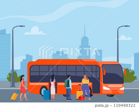 People on auto station. Man, woman standing near transport, waiting for passenger boarding. Citizen, urban infrastructure concept. Vector illustration. People on auto station. Man, woman standing near transport, waiting for passenger boarding. Citizen, urban infrastructure concept. Vector illustration. 110498322