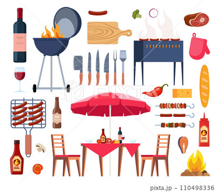 Barbecue equipment, outdoor BBQ picnic elements. Grilled sausages, meat, vegetables, drinks, and food for the summer grill party. Cooking tools and meat. Vector illustration. 110498336