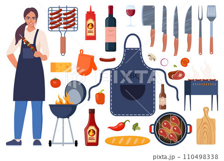 Barbecue equipment, outdoor BBQ picnic elements. Grilled sausages, meat, vegetables, drinks, and food for the summer grill party. Cooking tools and meat. Vector illustration. 110498338