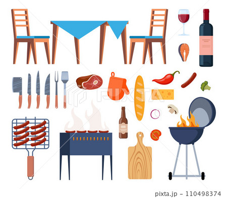 Barbecue equipment, outdoor BBQ picnic elements. Grilled sausages, meat, vegetables, drinks, and food for the summer grill party. Cooking tools and meat. Vector illustration. 110498374