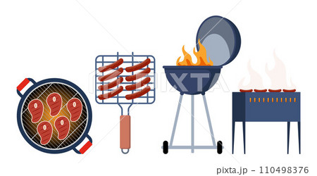 Barbecue equipment. Charcoal and gas kettle BBQ grill equipment different type for meat and sausages cooking outdoor. Home or restaurant appliance. Vector illustration. 110498376