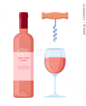 Wine bottle and glass of wine. Corkscrew. Sommelier accessory. Vector illustration. 110498575
