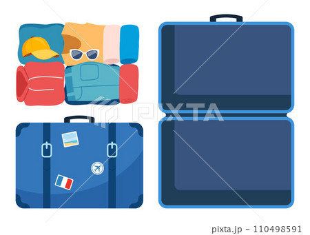 Suitcase, open and closed, ready for packing. Front and top view. Preparing for the trip. Packed clothes for travel. Clothing, footwear and accessories. Personal belongings. Vector illustration. Suitcase, open and closed, ready for packing. Front and top view. Preparing for the trip. Packed clothes for travel. Clothing, footwear and accessories. Personal belongings. Vector illustration. 110498591