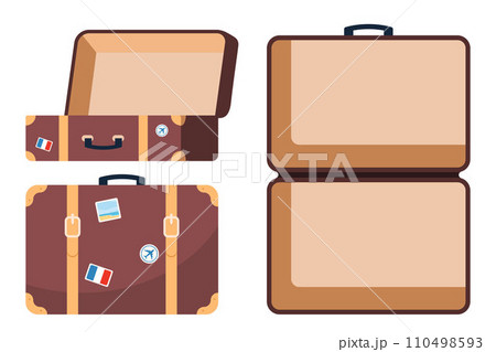 Retro leather suitcase with metal corners, belts and handle. Suitcase, open and closed, ready for packing. Front and top view. Preparing for the trip. Vacation and travel concept. Vector illustration. Retro leather suitcase with metal corners, belts and handle. Suitcase, open and closed, ready for packing. Front and top view. Preparing for the trip. Vacation and travel concept. Vector illustration. 110498593