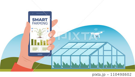 Smart farming, futuristic technologies in farm industry. Smartphone with app for control plants growing, drone, agricultural automation. Greenhouse on background. Vector illustration. 110498602